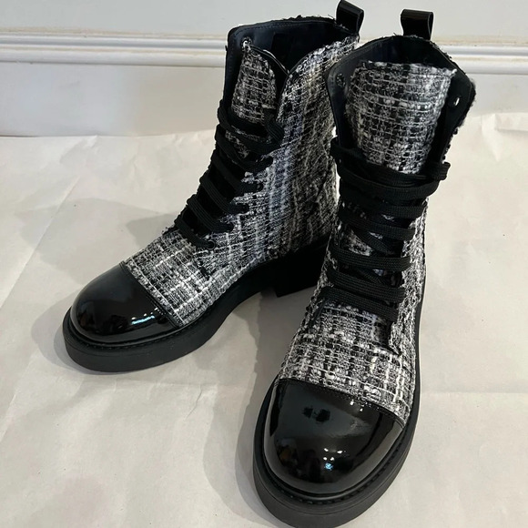 Intrend Black & White Tweed Leather Combat Boots Black Women's 39 EU 9 US NIB - Picture 7 of 14